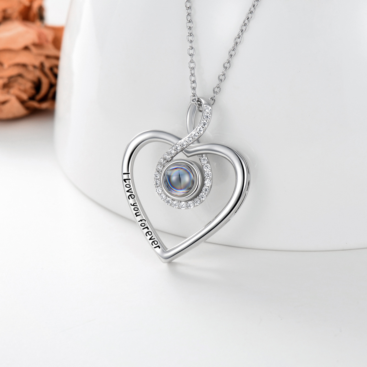 Collana con ciondolo con simbolo dell'infinito, foto personalizzata in argento sterling con pietra di proiezione a forma di cuore con parola incisa per le donne-3