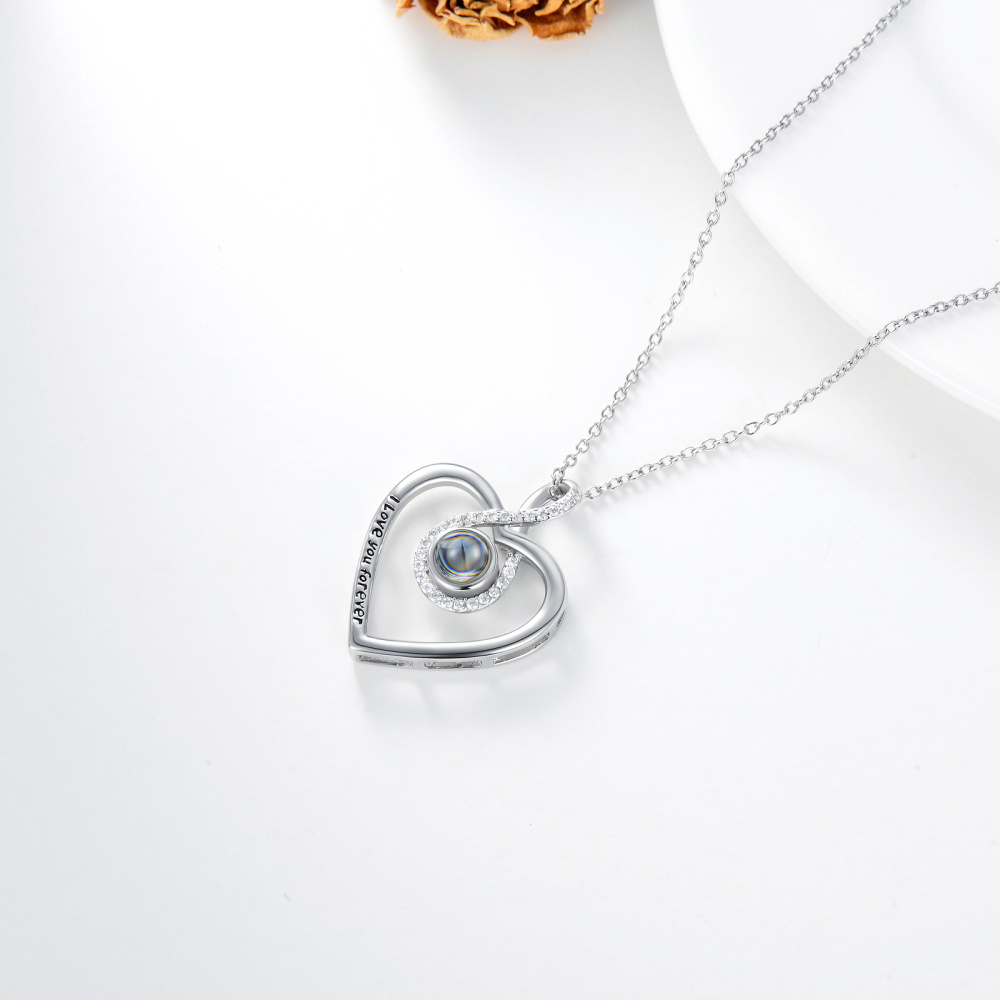 Sterling Silver Heart Projection Stone Personalised Photo Infinity Symbol Pendant Necklace With Engraved Word For Women-4