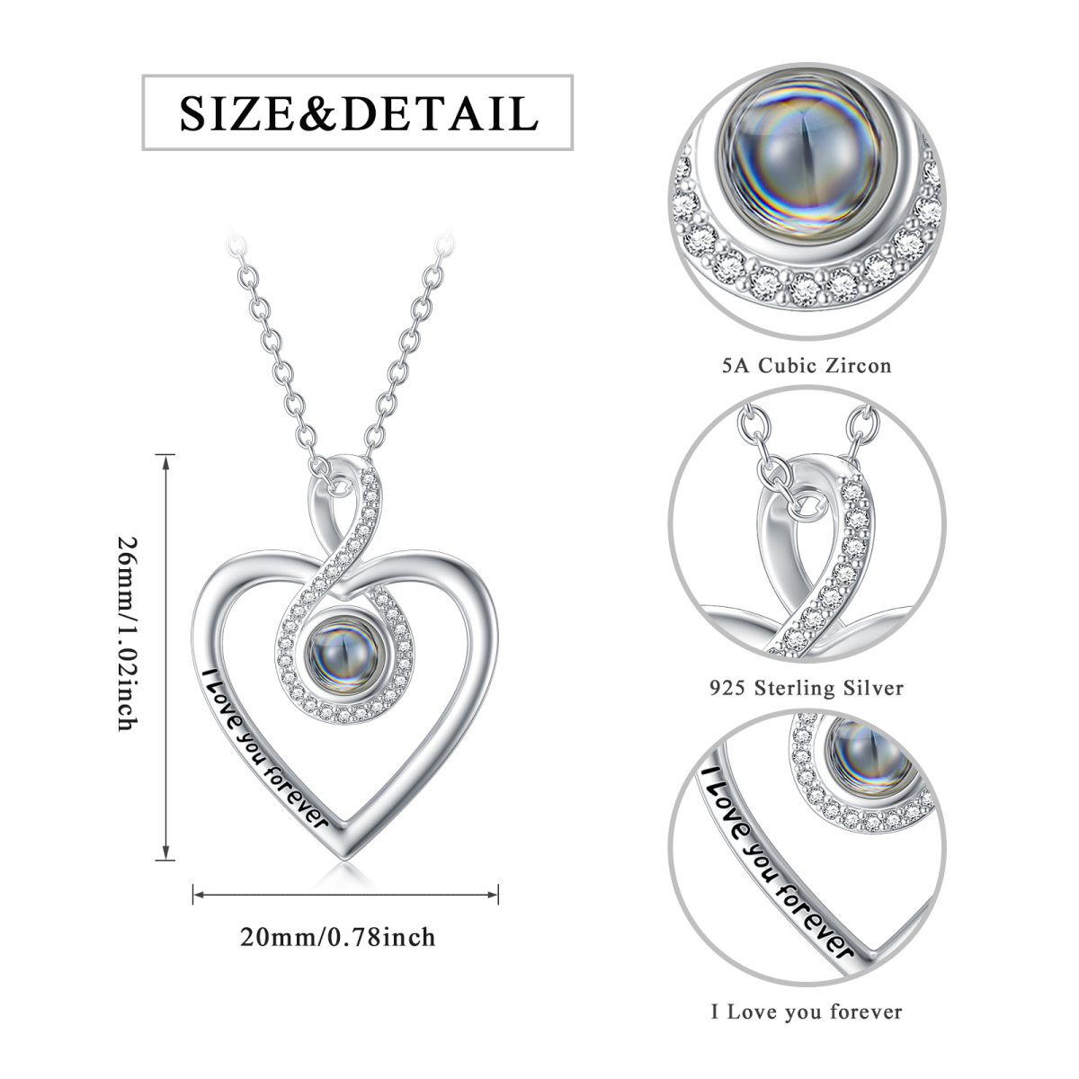 Collana con ciondolo con simbolo dell'infinito, foto personalizzata in argento sterling con pietra di proiezione a forma di cuore con parola incisa per le donne-5