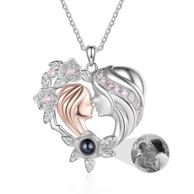 Sterling Silver Cubic Zirconia & Projection Stone Personalized Photo & Mother & Daughter & Heart Pendant Necklace-1