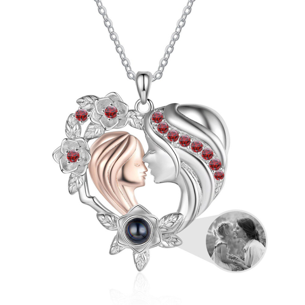 Sterling zilveren hartvormige rode zirkonia projectiesteen gepersonaliseerde foto hanger ketting voor moeder en dochter-1