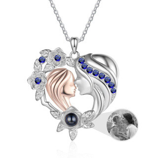 Sterling Silver Heart Blue Cubic Zirconia Projection Stone Personalized Photo Pendant Necklace For Mother Daughte-8