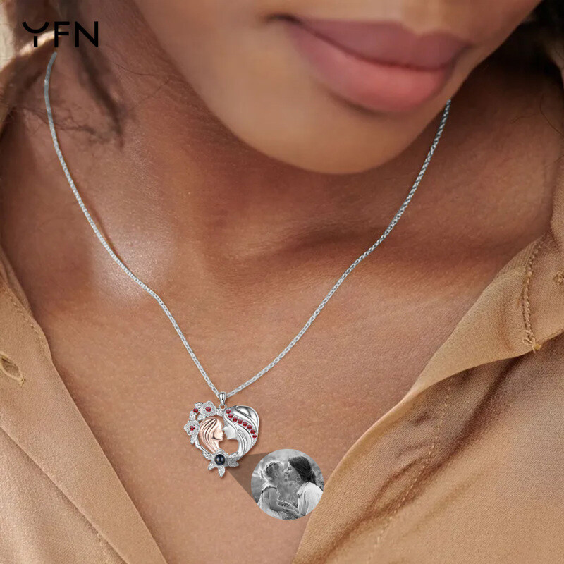 Sterling Silver Heart Red Cubic Zirconia Projection Stone Personalized Photo Pendant Necklace For Mother Daughte-2