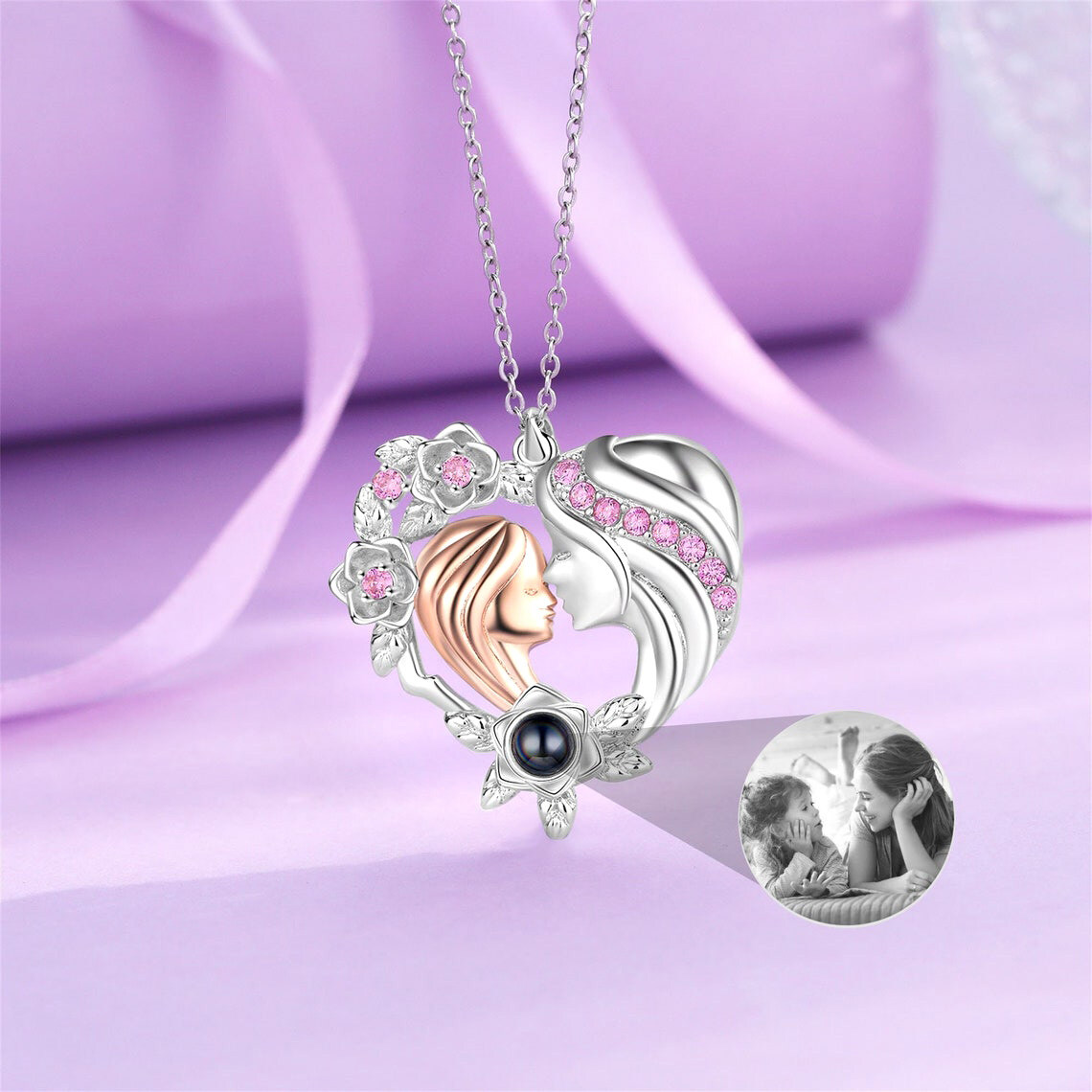 Collana con ciondolo in argento sterling con zirconia cubica e pietra di proiezione, personalizzata con foto e madre e figlia e con cuore-3