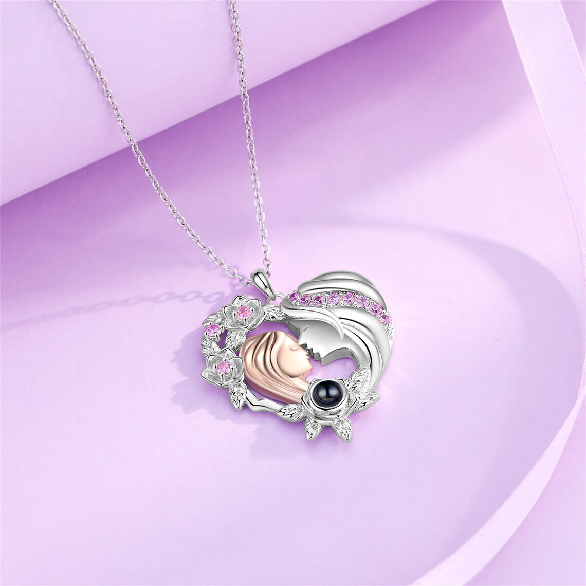 Sterling Silver Heart Pink Cubic Zirconia Projection Stone Personalized Photo Pendant Necklace For Mother Daughte-4