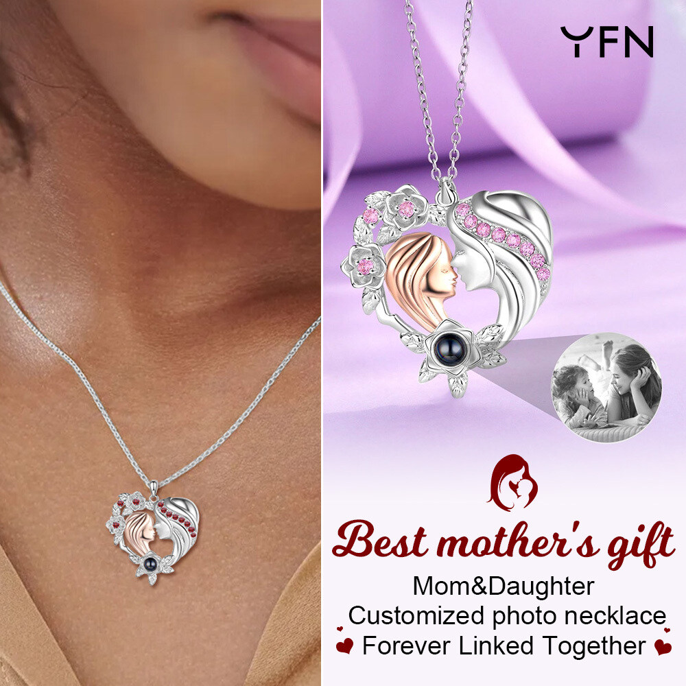 Collana con ciondolo in argento sterling con zirconia cubica e pietra di proiezione, personalizzata con foto e madre e figlia e con cuore-5