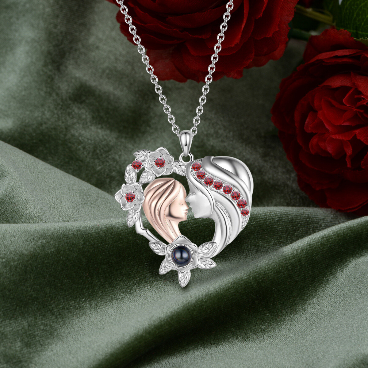 Collana con ciondolo in argento sterling con zirconia cubica e pietra di proiezione, personalizzata con foto e madre e figlia e con cuore-6