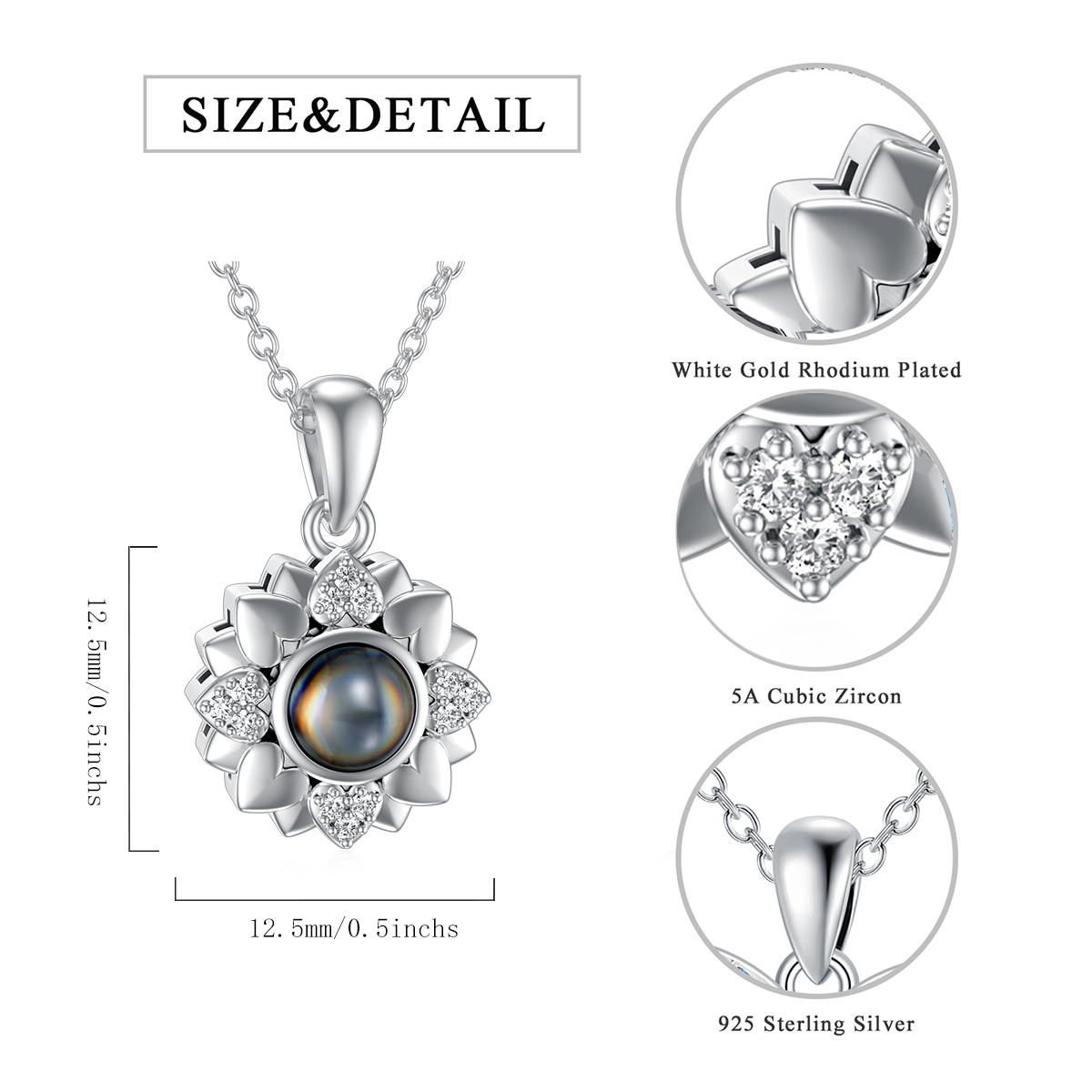 Sterling Silver Sunflower Personalized Projection Stone Photo Pendant Necklace For Women Best Friend-4