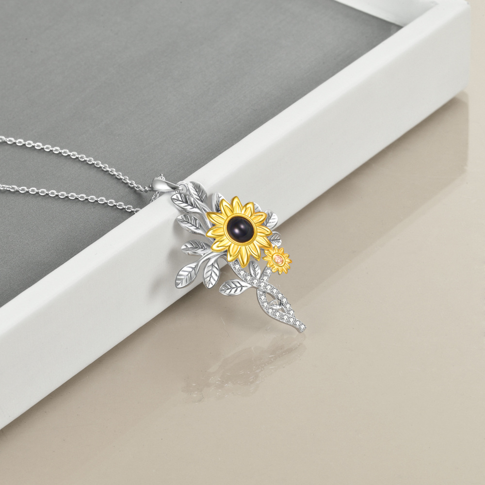 Sterling Silver Projection Stone Sunflower Pendant Necklace-3