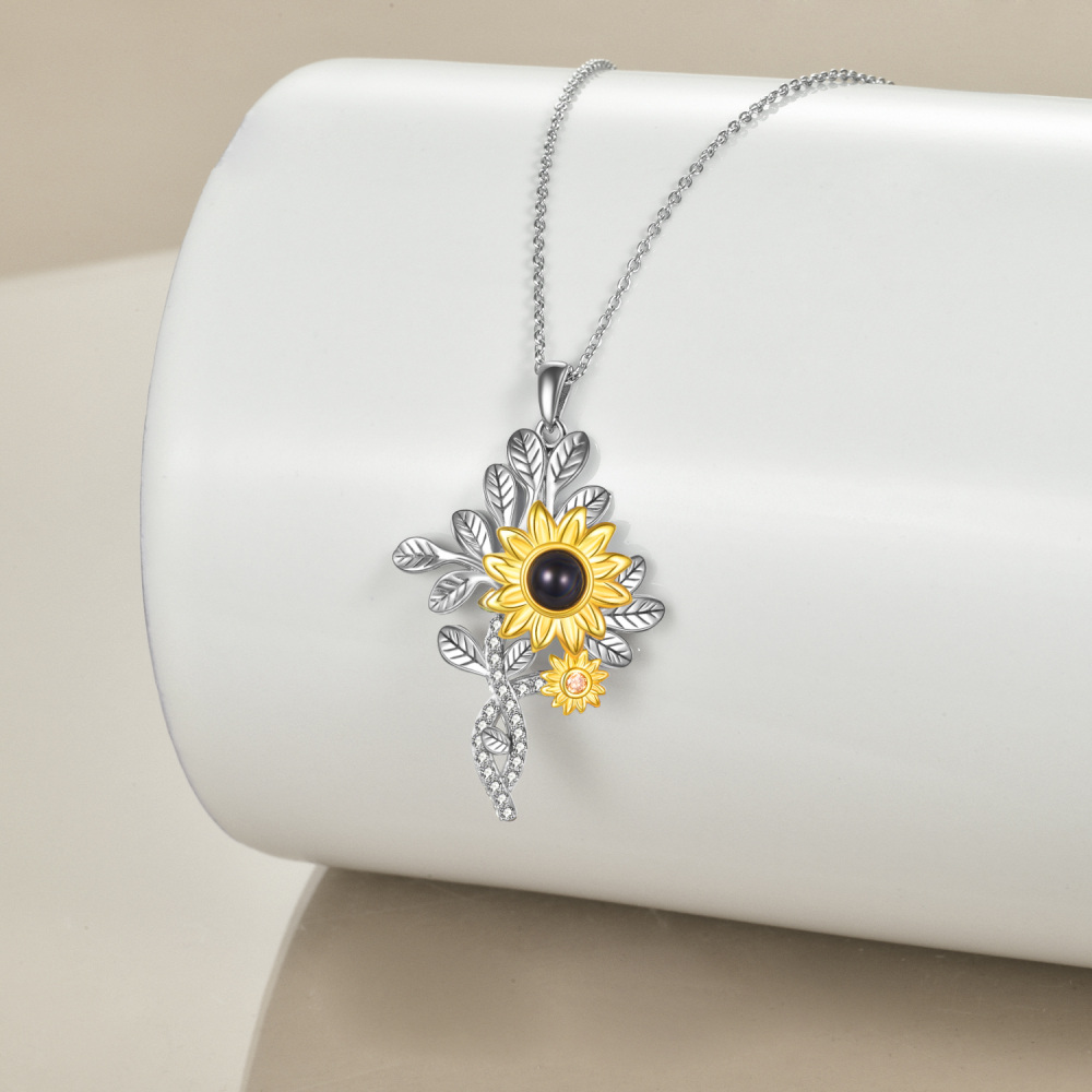 Sterling Silver Projection Stone Sunflower Pendant Necklace-4