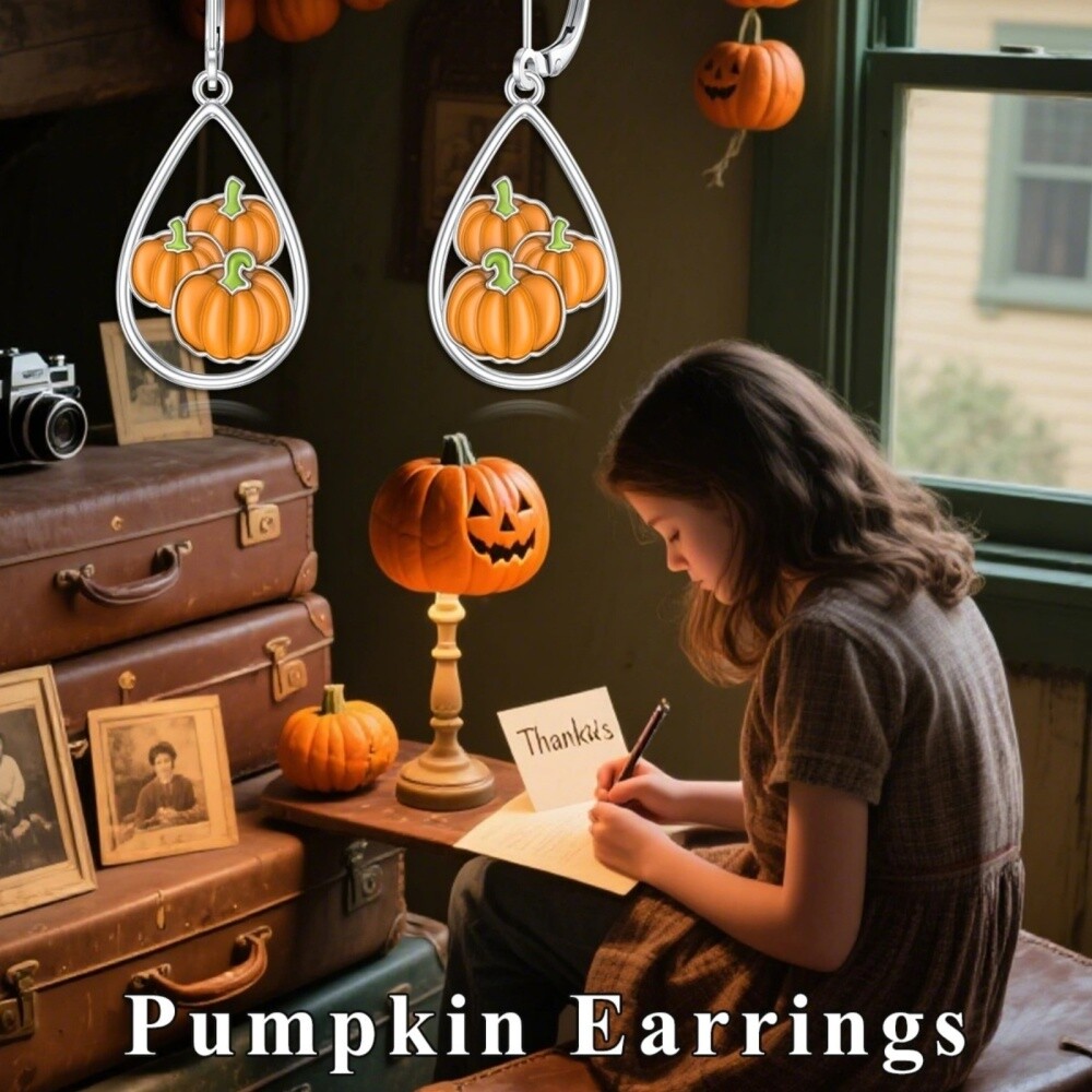 Aretes Colgantes de Plata Esterlina con Forma de Calabaza y Gota-5