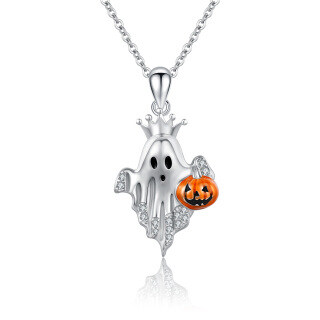 Sterling Silver Cubic Zirconia Pumpkin & Ghost Pendant Necklace-6