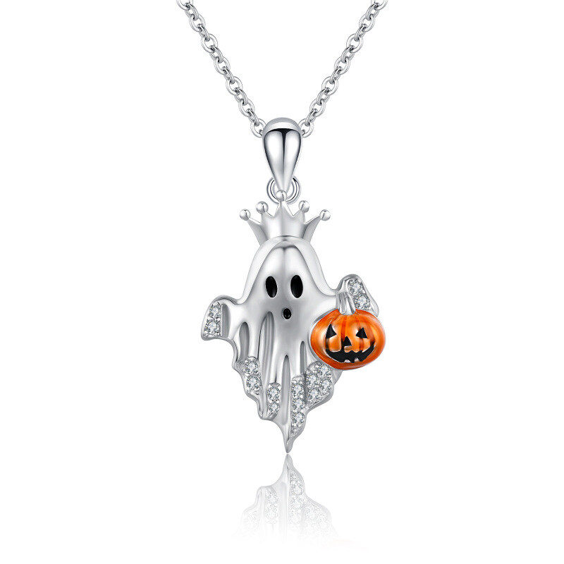 Sterling Silver Cubic Zirconia Pumpkin & Ghost Pendant Necklace-14