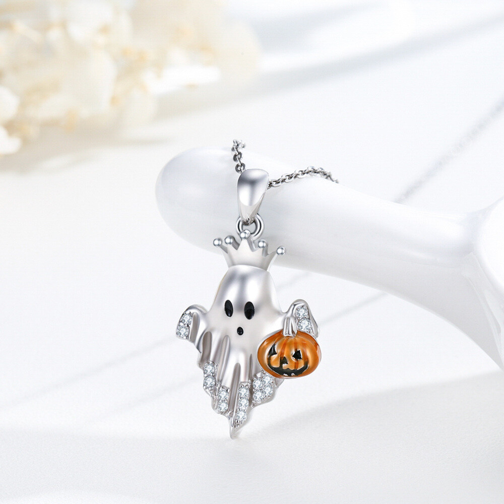 Collar con colgante de calabaza y fantasma de circonia cúbica en plata esterlina-4