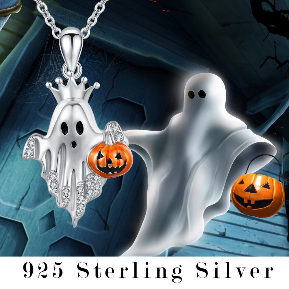 Collar con colgante de calabaza y fantasma de circonia cúbica en plata esterlina-5