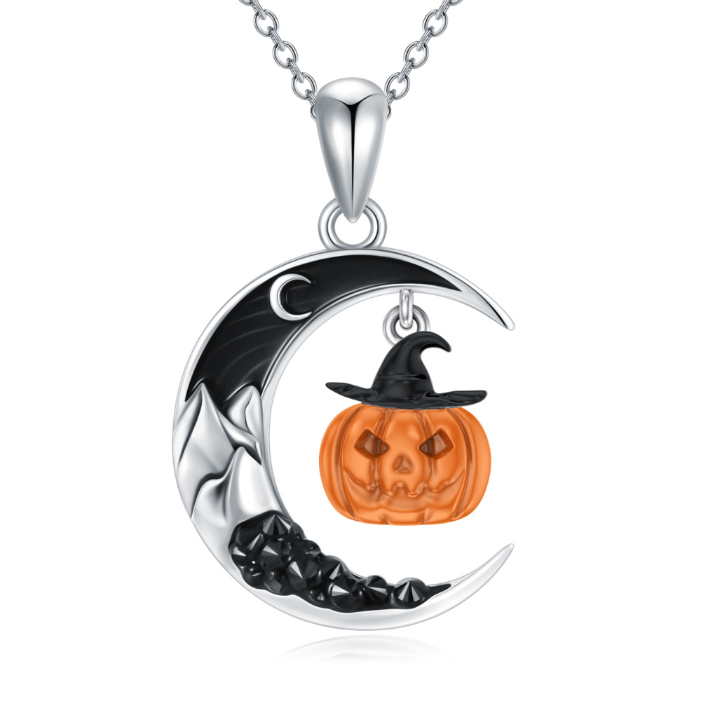 Sterling Silver Pumpkin & Moon Mountain Pendant Necklace-1