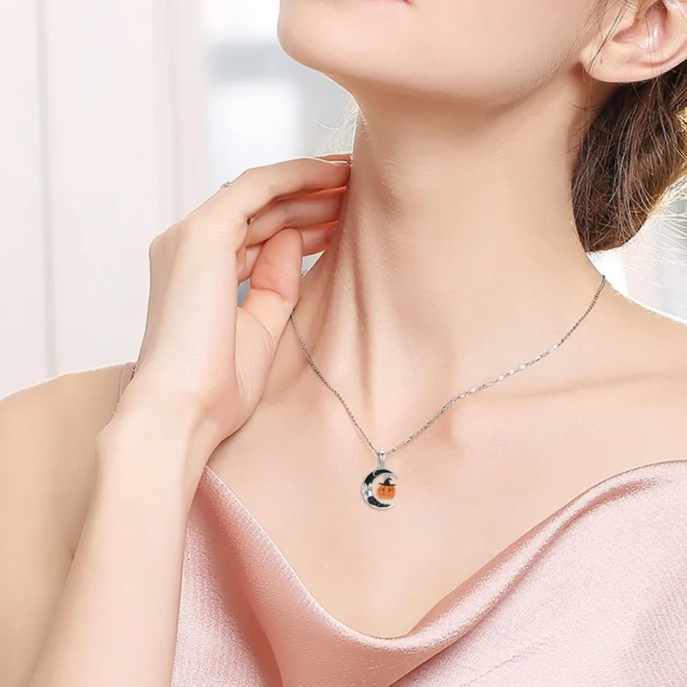 Sterling Silver Pumpkin & Moon Mountain Pendant Necklace-2
