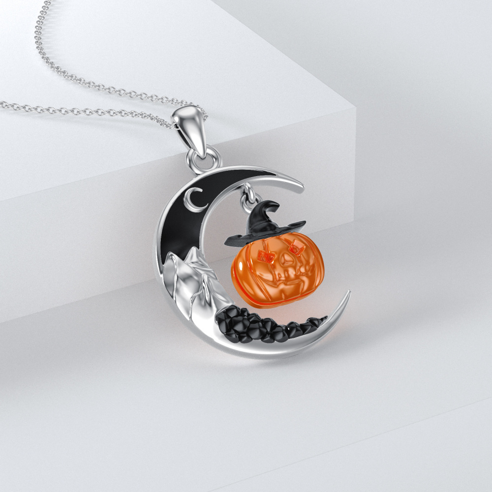 Sterling Silver Pumpkin & Moon Mountain Pendant Necklace-3
