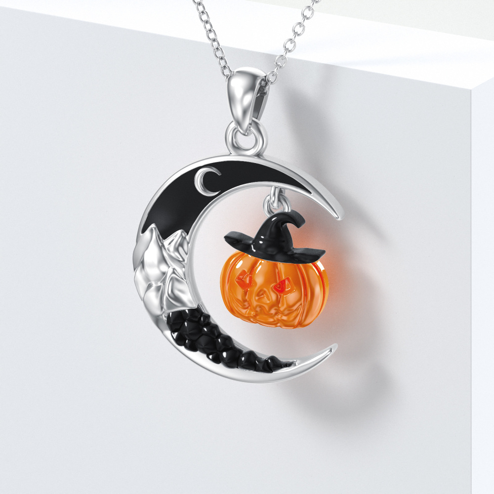 Sterling Silver Pumpkin & Moon Mountain Pendant Necklace-4