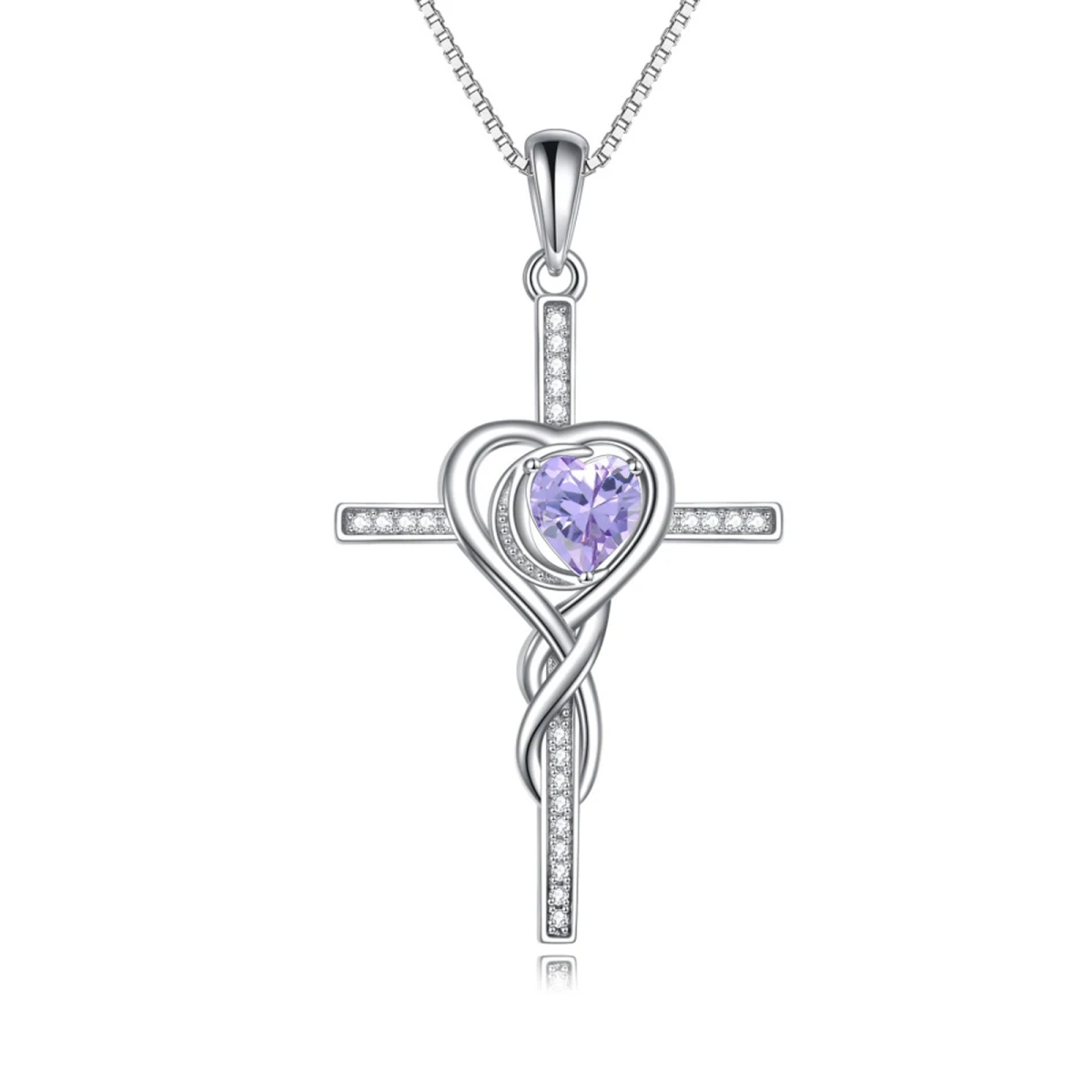 Sterling Silver Purple Crystal Cross Heart Necklace for Women-1