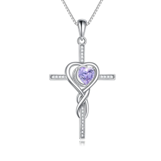 Sterling Silver Purple Crystal Cross Heart Necklace for Women-17