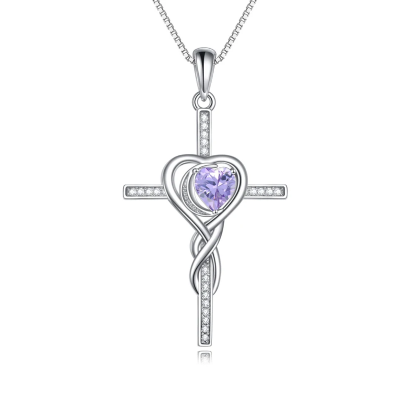 Sterling Silver Purple Crystal Cross Heart Necklace for Women-19