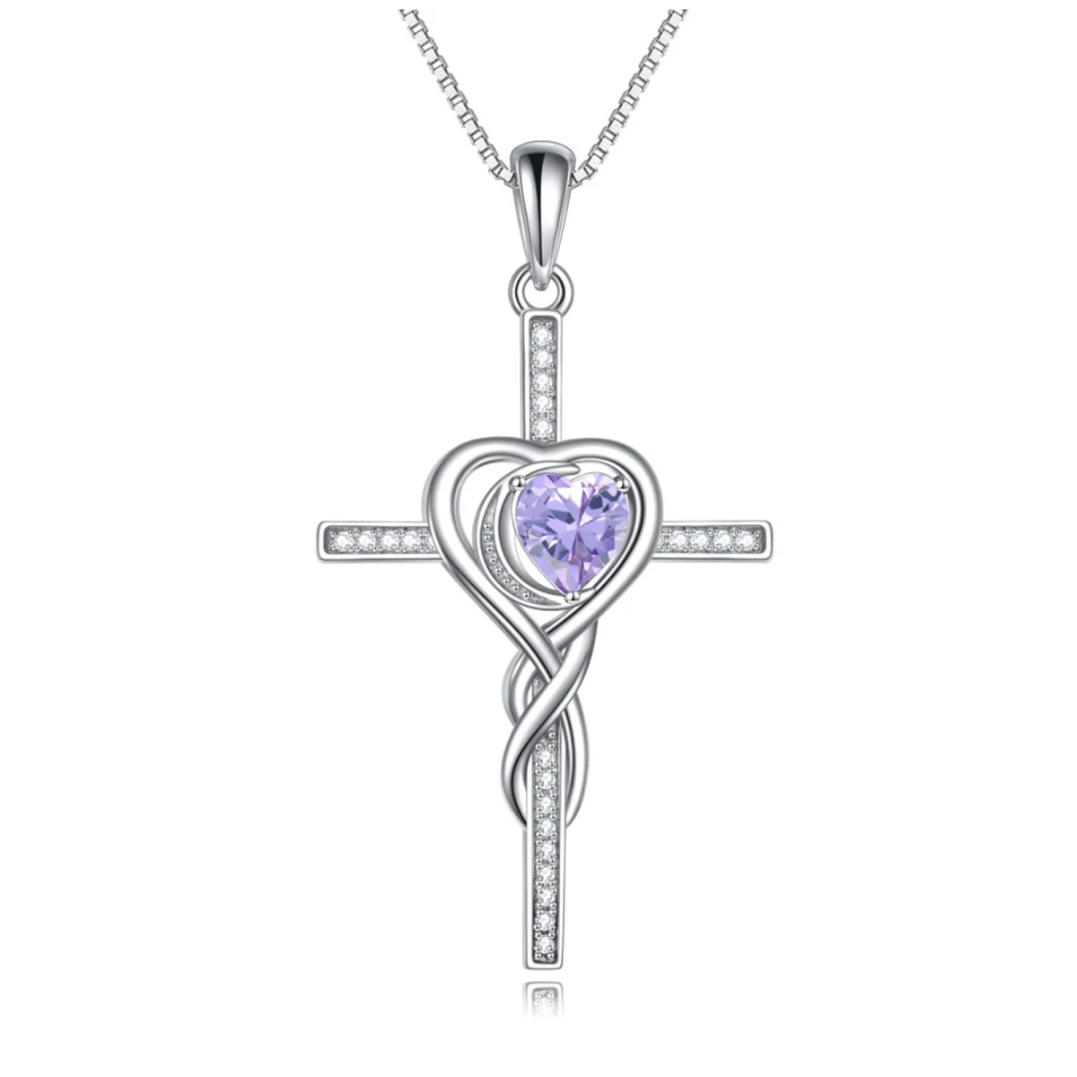 Sterling Silver Purple Crystal Cross Heart Necklace for Women-2