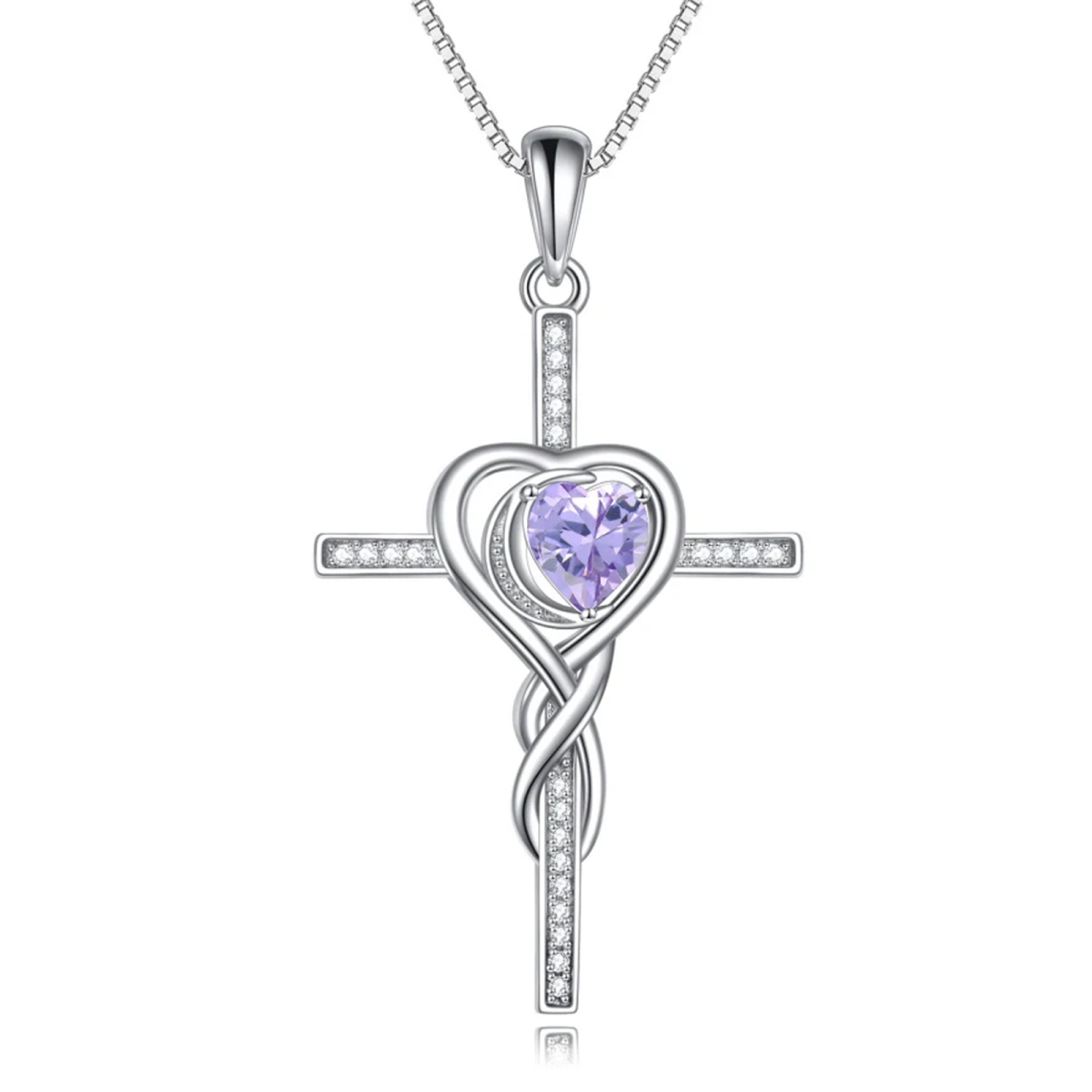 Sterling Silver Purple Crystal Cross Heart Necklace for Women-3