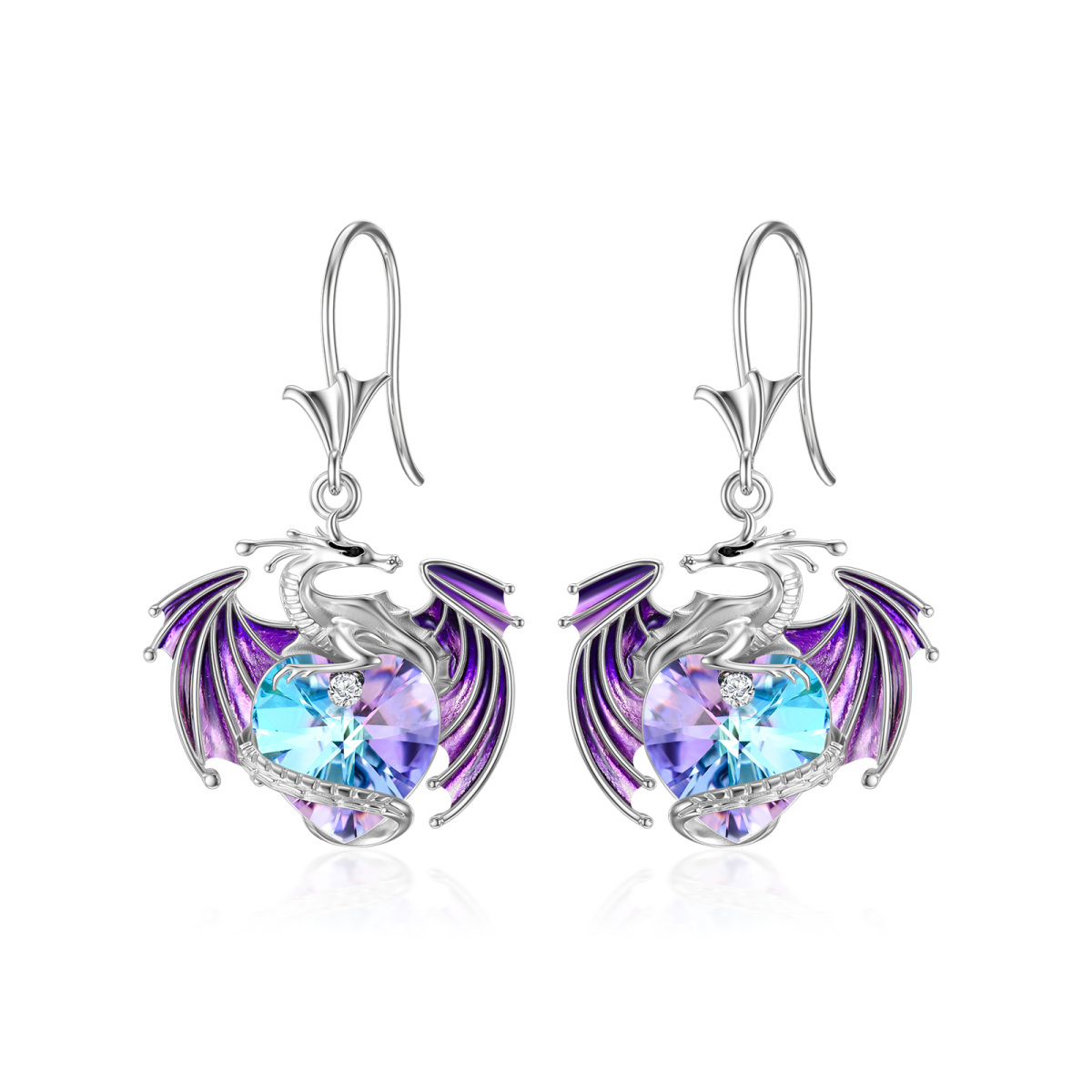 Pendientes colgantes de dragón de cristal con forma de corazón morado en plata de ley para mujer-1