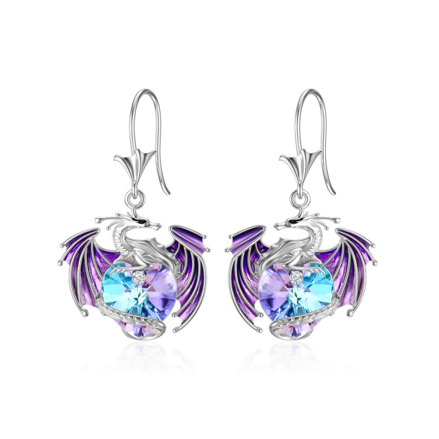 Pendientes colgantes de dragón de cristal con forma de corazón morado en plata de ley para mujer