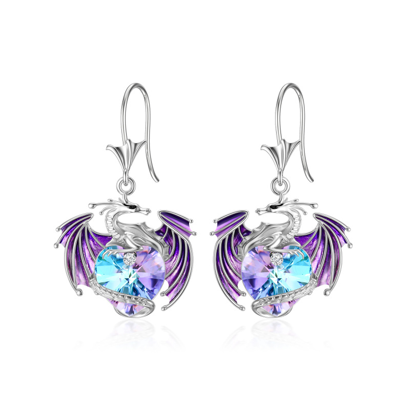 Boucles d'oreilles pendantes en argent sterling avec dragon en cristal violet et cœur pour femme