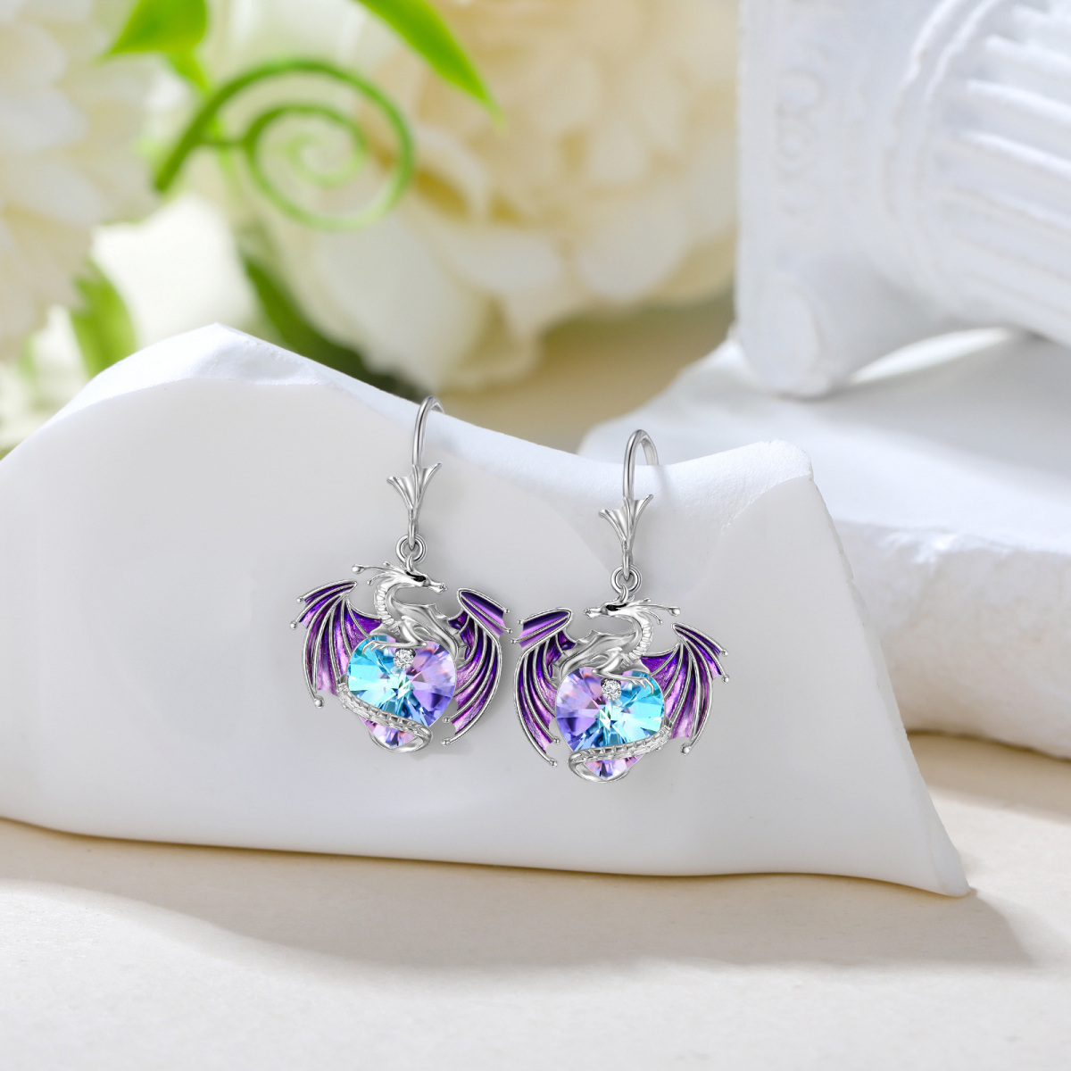 Pendientes colgantes de dragón de cristal con forma de corazón morado en plata de ley para mujer-3