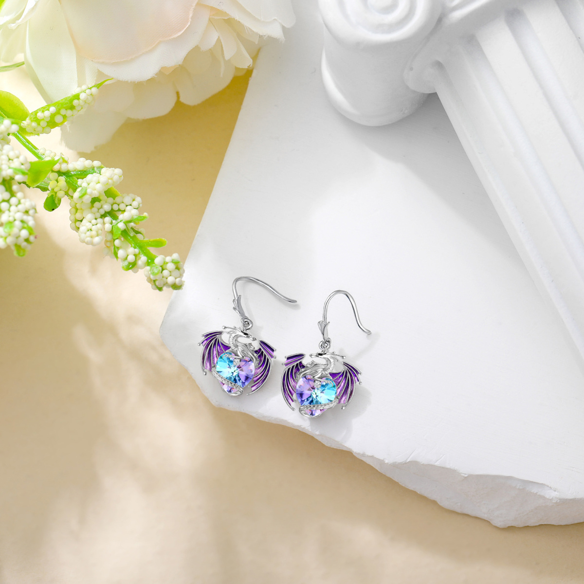 Sterling Silver Purple Heart Crystal Dragon Drop Earrings for Women-4