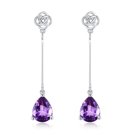 Sterling Silver Purple Pear Cubic Zirconia Celtic Knot Drop Earrings for Women