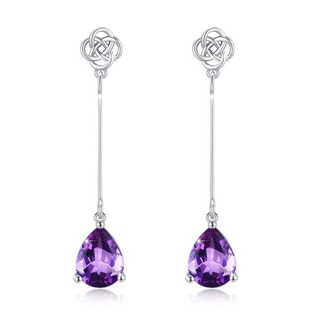 Sterling Silver Purple Pear Cubic Zirconia Celtic Knot Drop Earrings for Women-1