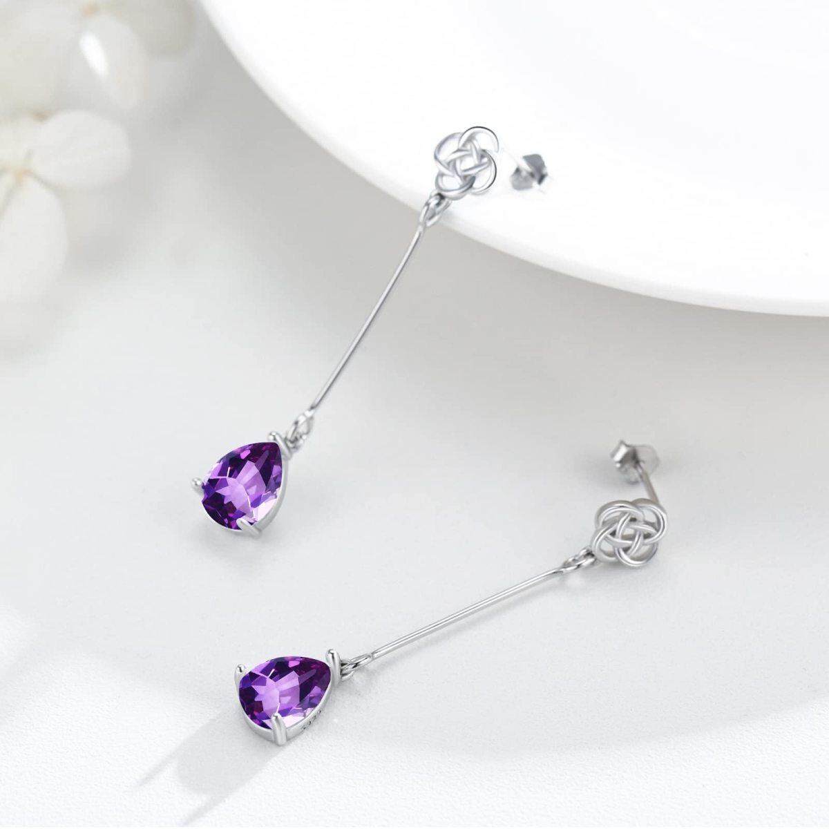 Sterling Silver Purple Pear Cubic Zirconia Celtic Knot Drop Earrings for Women-4