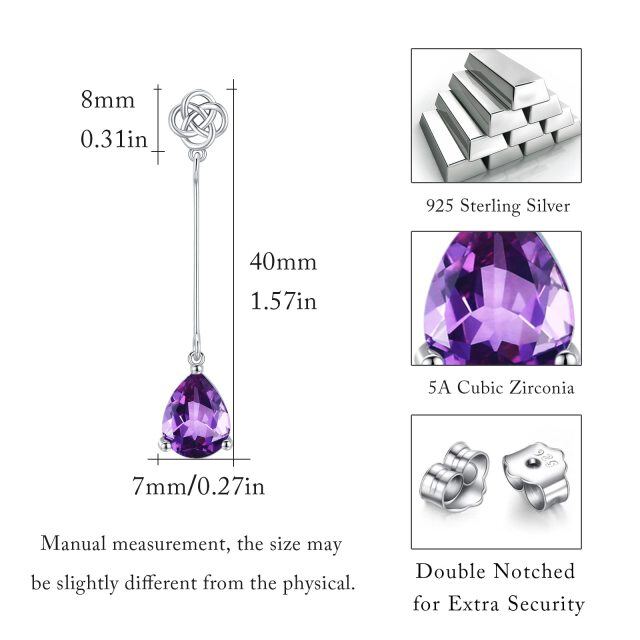 Sterling Silver Purple Pear Cubic Zirconia Celtic Knot Drop Earrings for Women-5