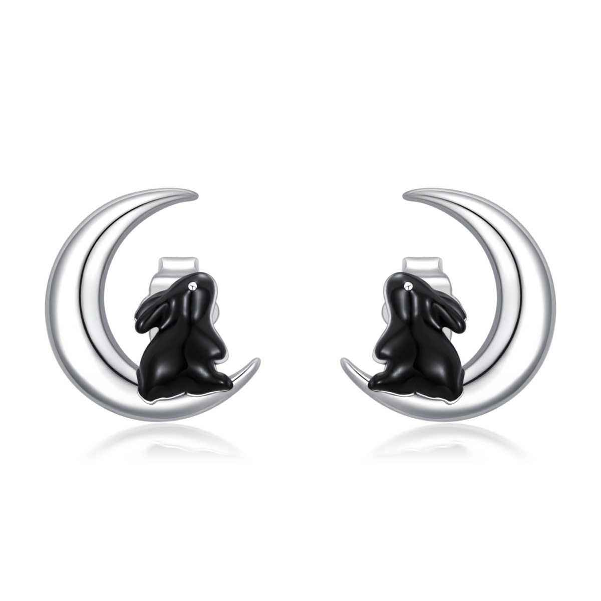 Sterling Silver Two-tone Rabbit & Moon Stud Earrings for Women-1