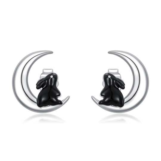 Boucles d'oreilles à tige en argent sterling bicolore en forme de lapin et de lune pour femmes