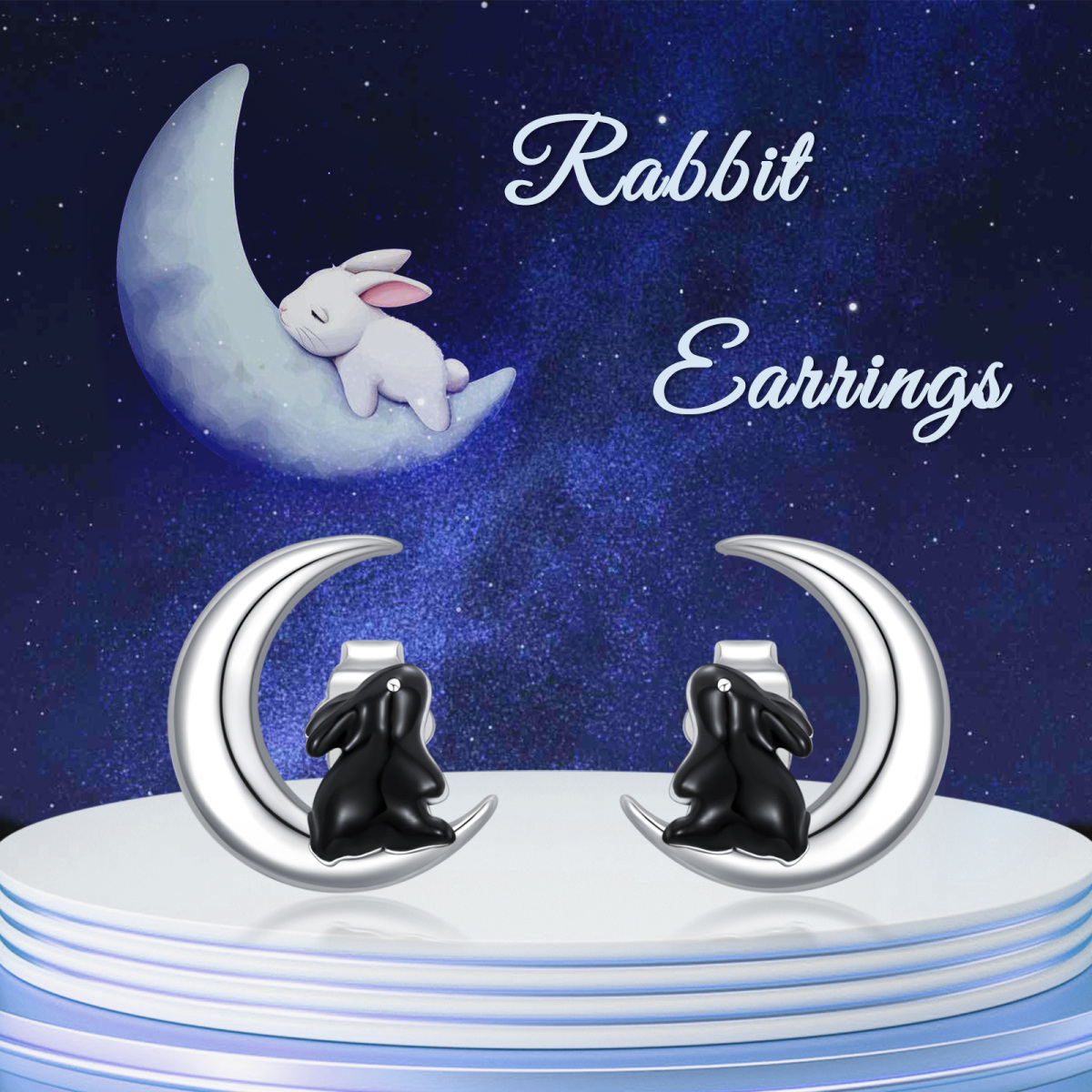 Sterling Silver Two-tone Rabbit & Moon Stud Earrings for Women-4