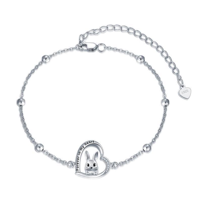 Sterling Silver Cubic Zirconia Rabbit & Heart Charm Bracelet with Engraved Word-1