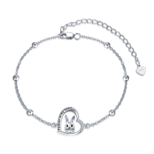 Sterling Silver Cubic Zirconia Rabbit & Heart Pendant Bracelet with Engraved Word