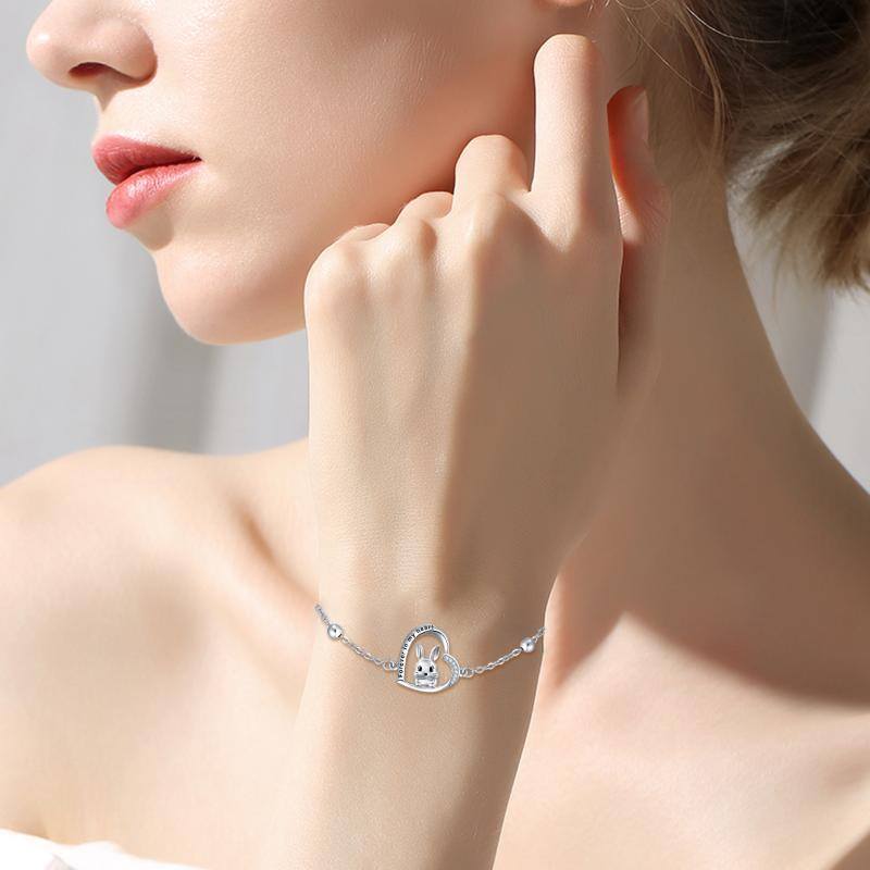 Sterling Silver Cubic Zirconia Rabbit & Heart Pendant Bracelet with Engraved Word-2