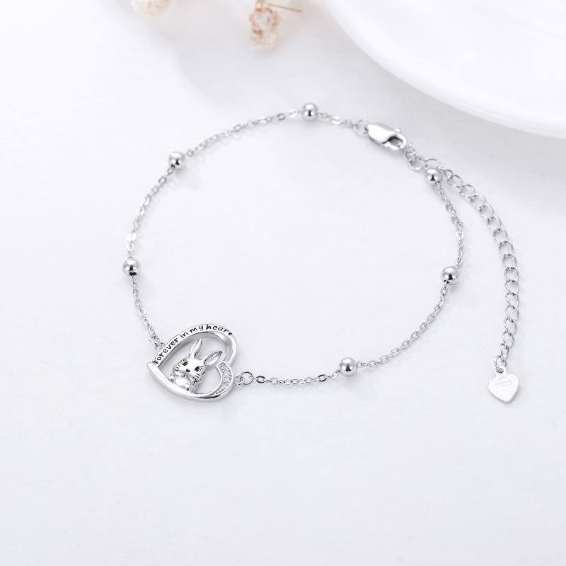 Sterling Silver Cubic Zirconia Rabbit & Heart Pendant Bracelet with Engraved Word-4