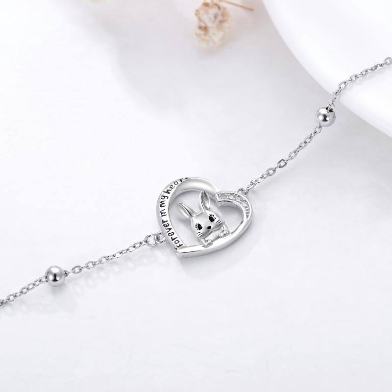 Sterling Silver Cubic Zirconia Rabbit & Heart Pendant Bracelet with Engraved Word-5