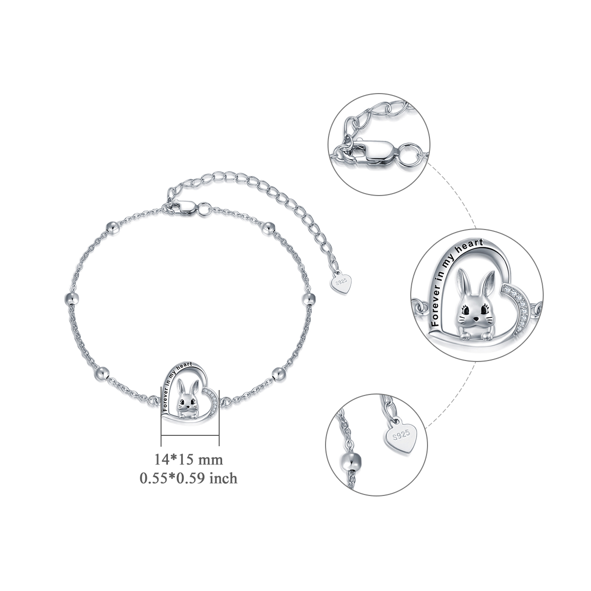 Sterling Silver Cubic Zirconia Rabbit & Heart Charm Bracelet with Engraved Word-6