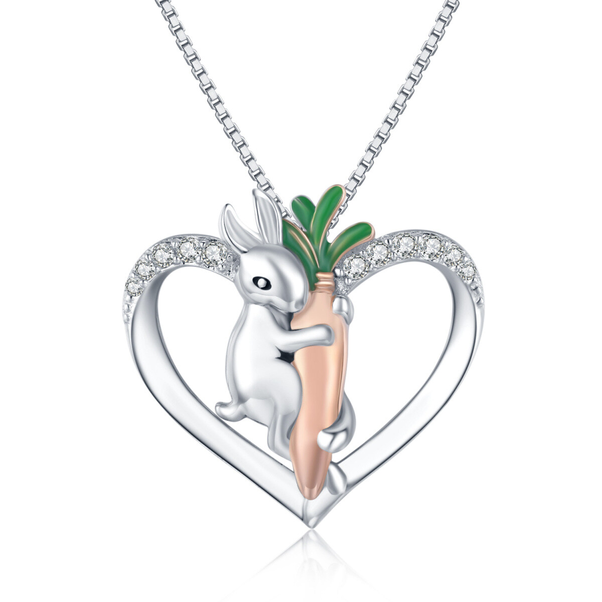 Collana con ciondolo a forma di coniglio e cuore in argento sterling con zirconia cubica-1