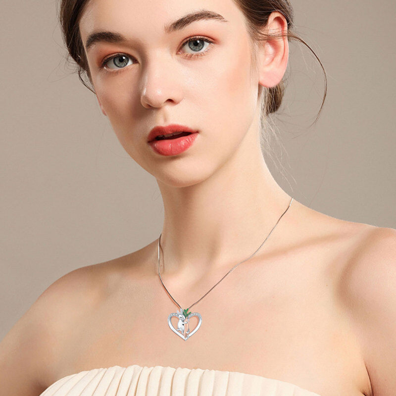 Sterling Silver Cubic Zirconia Rabbit & Heart Pendant Necklace-2