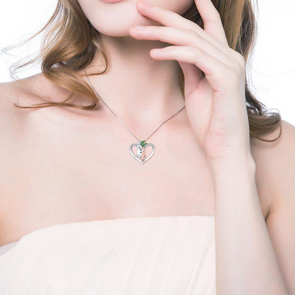 Sterling Silver Cubic Zirconia Rabbit & Heart Pendant Necklace-3
