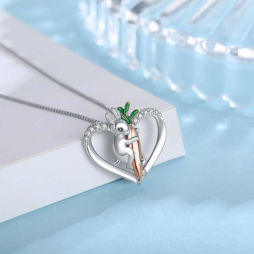 Sterling Silver Cubic Zirconia Rabbit & Heart Pendant Necklace-5